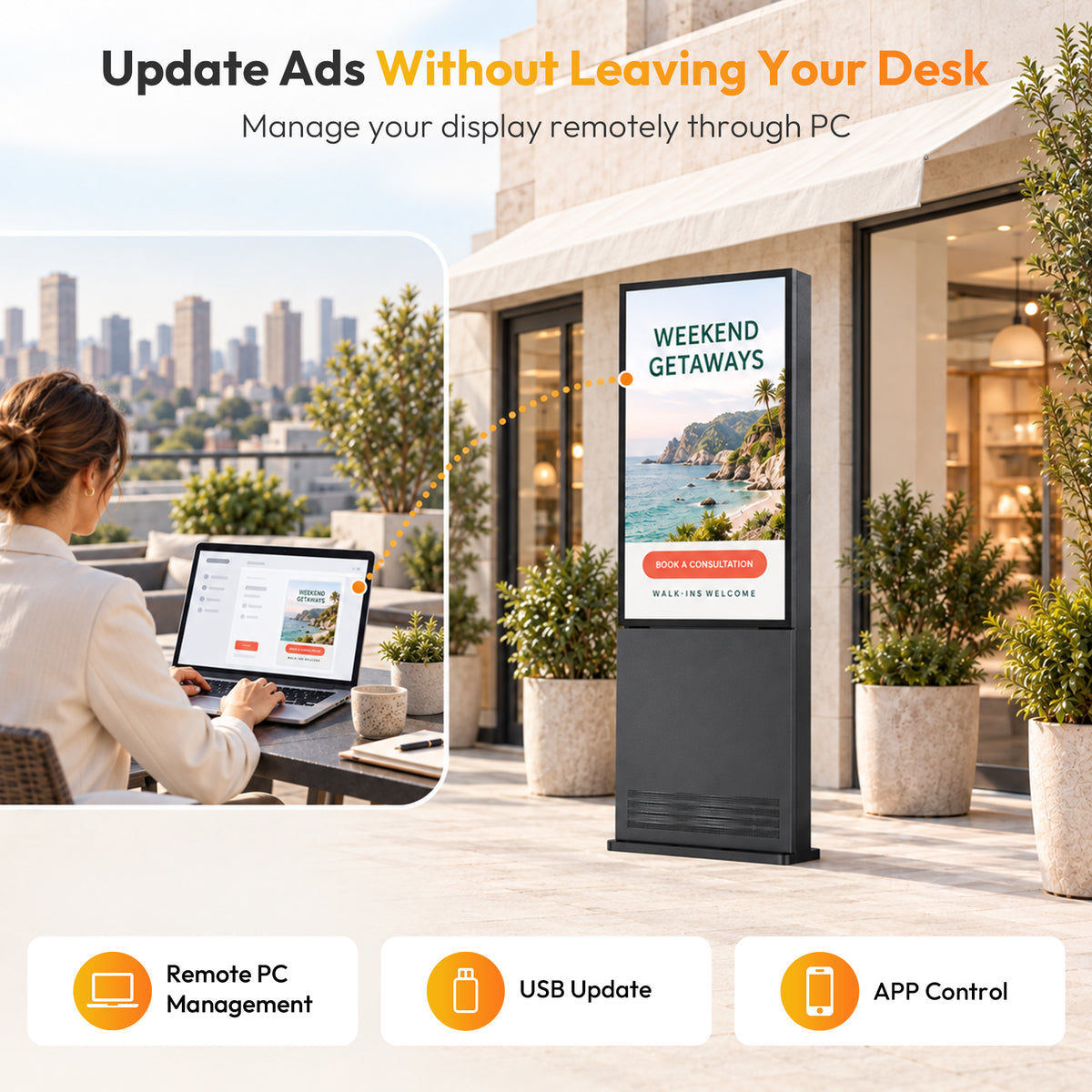 43 55 65" 3500 Nits IP66 Waterproof Dustproof Floor Standing Outdoor LCD Digital Signage Display