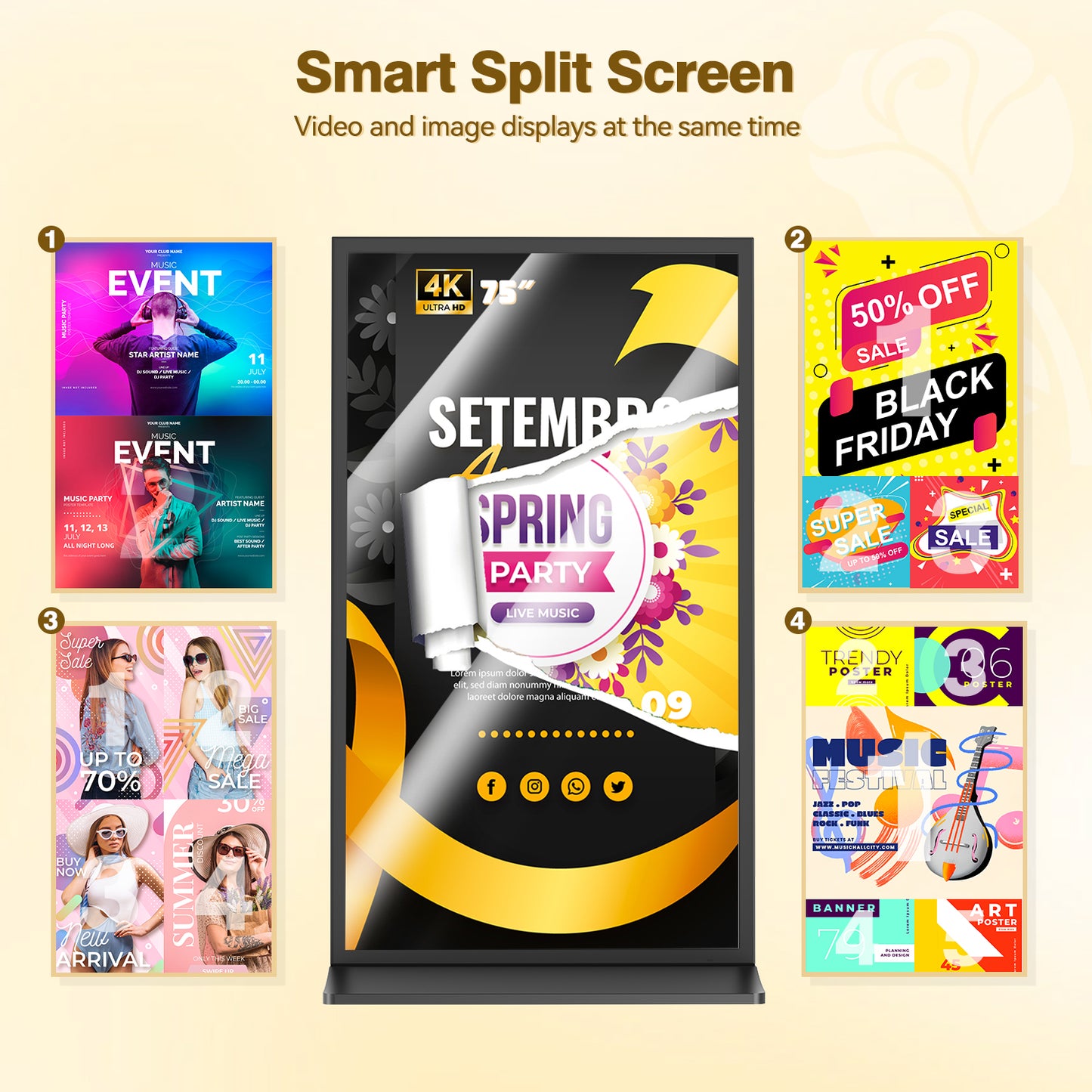 75 85" Full Screen Indoor LCD Floor Stand Digital Signage Display